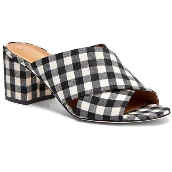 J. McLaughlin Tribeca Navy Blue White Gingham Plaid Cross Strap Sandal Heels 8.5 - Picture 1 of 6